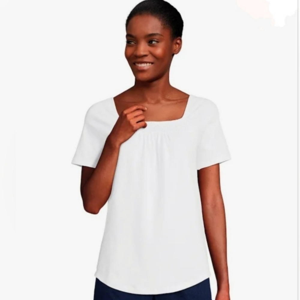 Lands' End Large Womens White Square Smock Neck Top. New with Tags.